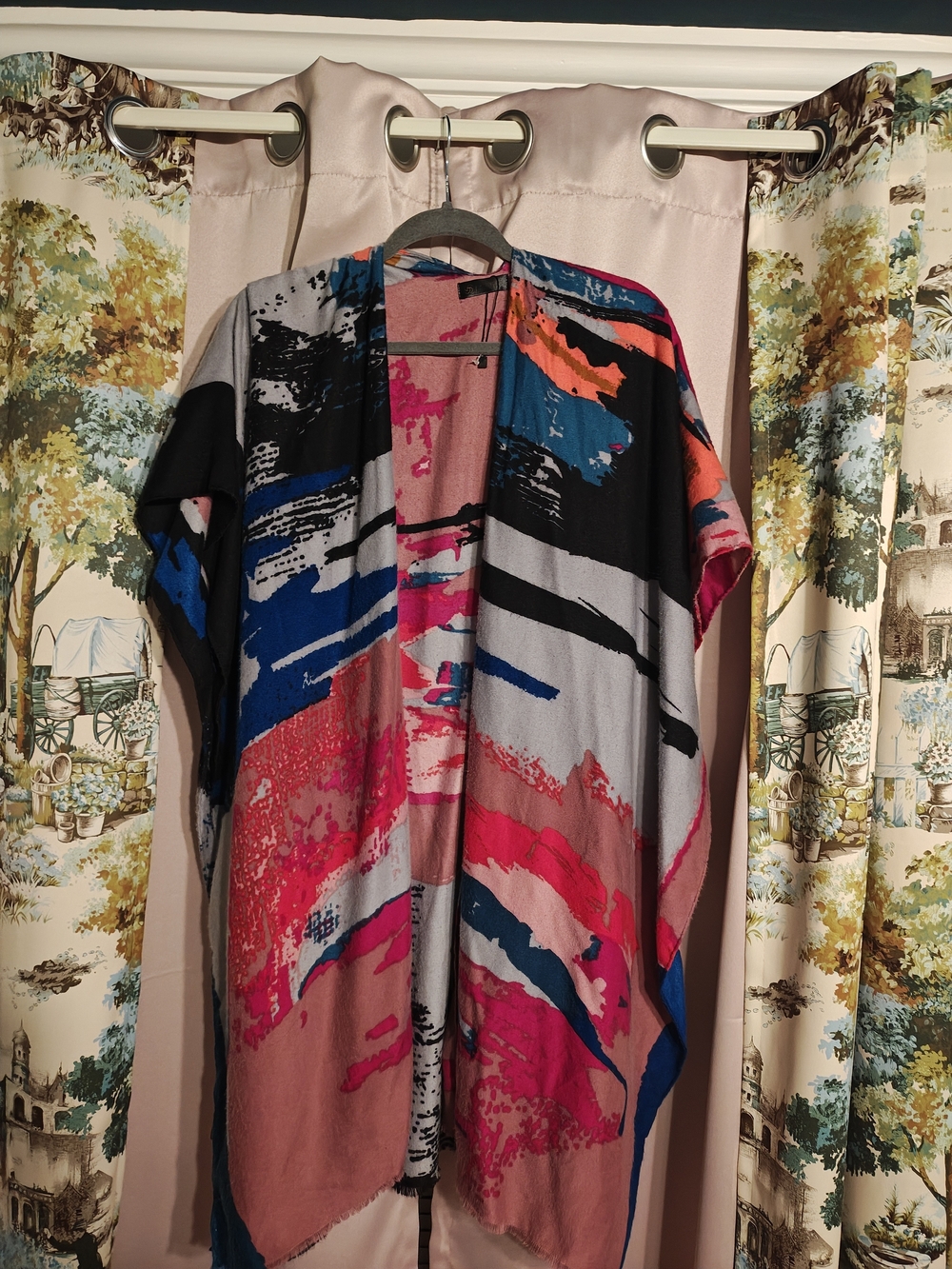 Open Front Colorblock Kimono Cardigan - Pink, Blue & Black
